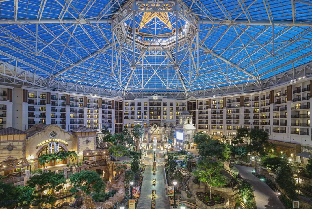 The glass-roofed Lone Star Atrium and gardens of Gaylord Texan Resort
