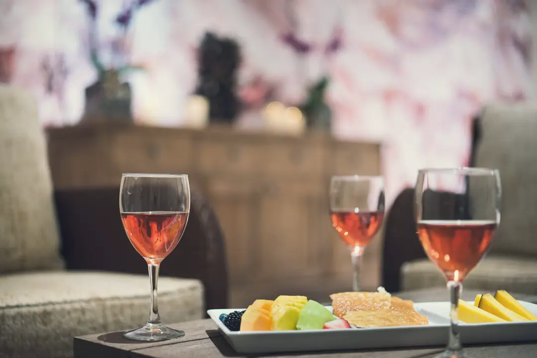 Glasses and a fruit plate set out in the spa relaxation lounge