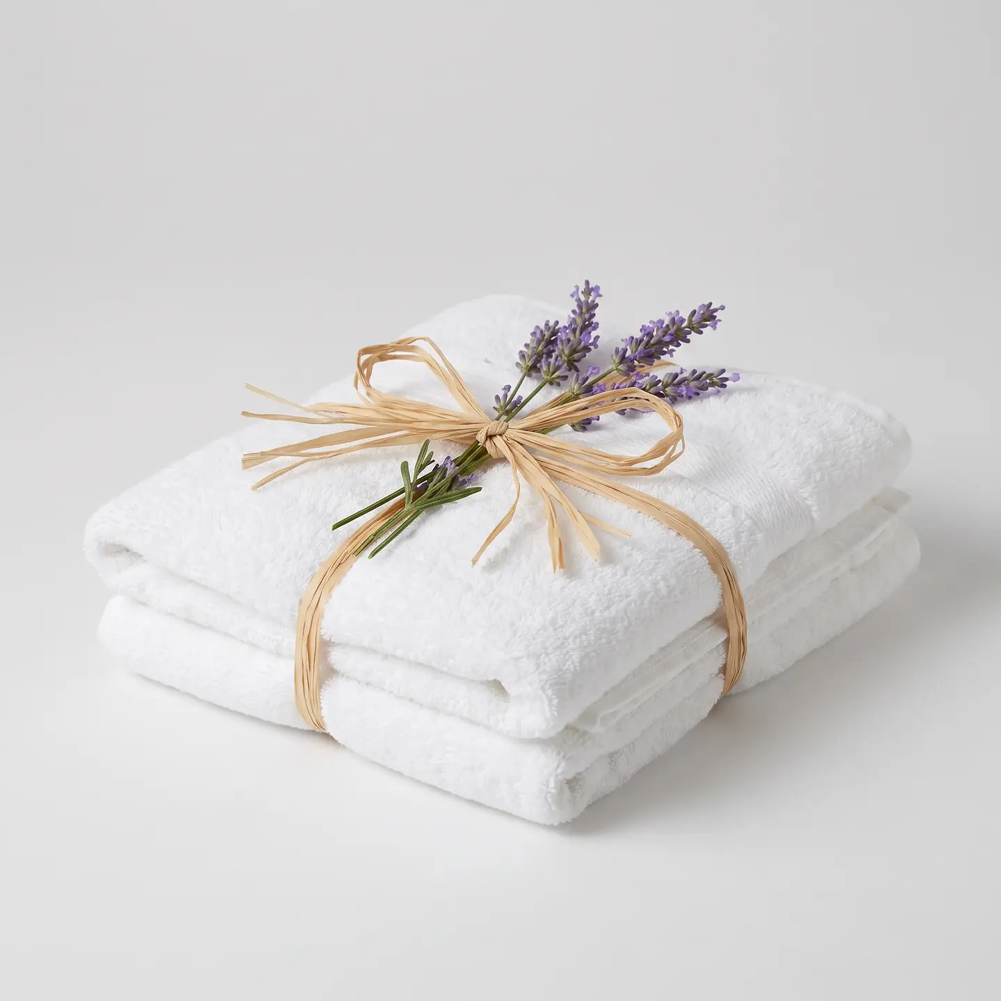 Two folded white towels tied with raffia and a sprig of lavender