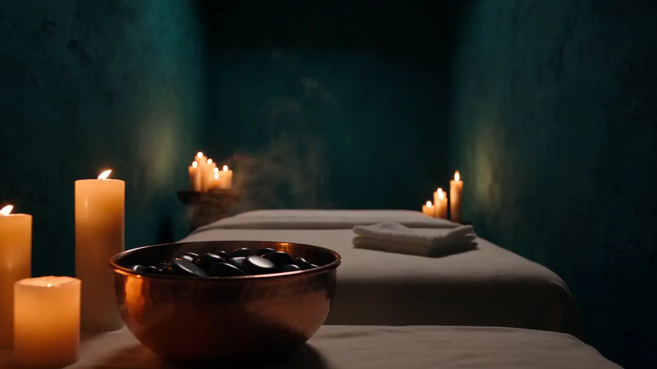 A treatment room lit by candles, a copper bowl of dark stones and a folded white towel on the massage table